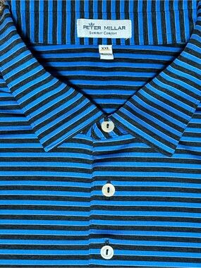 Peter Millar Summer Comfort Men’s Golf Polo Blue with Charcoal Stripes|XXL